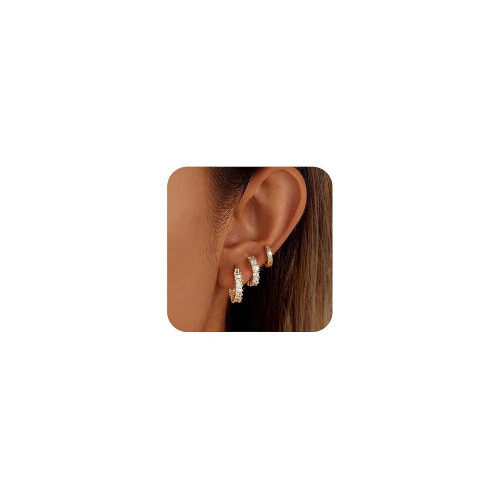 3 Pairs Gold Hoop Earrings for Women Trendy Dainty 14K Gold Plated Cubic